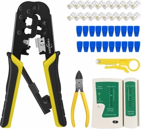RJ45 Crimp Tool Kit for Cat5 Cat5e Cat6 Modular Plugs Connectors, RJ-11, 6P/RJ-12, 8P/RJ-45 Network Crimping Tool, Modular RJ45 Crimper Strip, Cut, Crimp, All-in-One