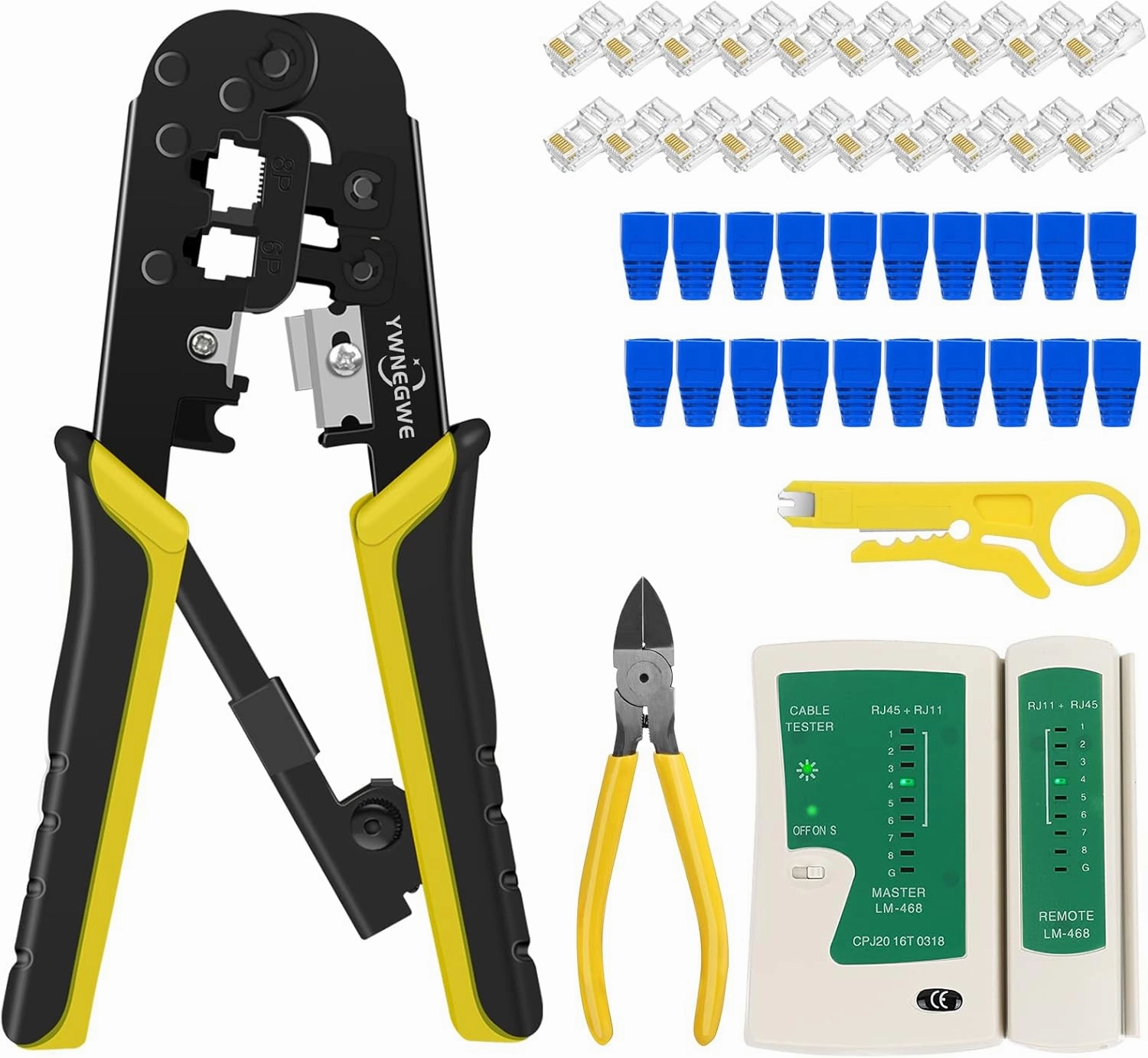 RJ45 Crimp Tool Kit for Cat5 Cat5e Cat6 Modular Plugs Connectors, RJ-11, 6P/RJ-12, 8P/RJ-45 Network Crimping Tool, Modular RJ45 Crimper Strip, Cut, Crimp, All-in-One