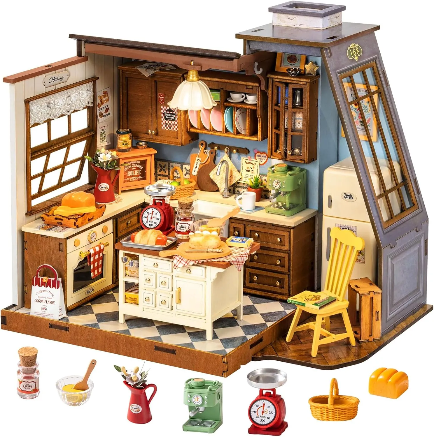Rolife DIY Dollhouse Miniature House Kit 1:18 Scale Baking Kictchen with Pitched Roof Window, Diorama Tiny House Building Kit Crafts for Adults Home Decor Gift for Boys Girls