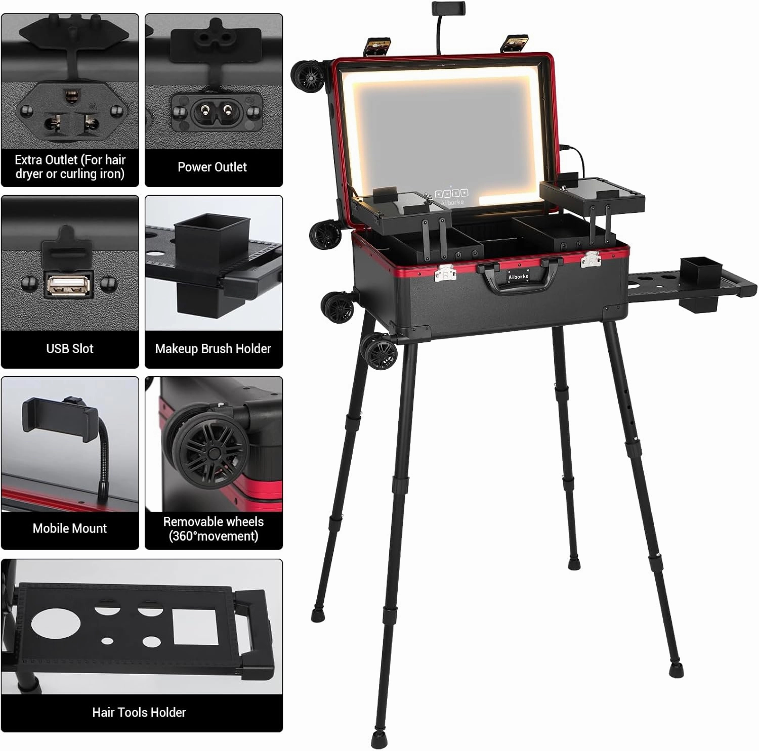 Rolling Makeup Train Case with Lighted Mirror and Bluetooth Speaker Professional Cosmetic Organizer Case with Wheels, Stands Portable Makup Station Vanity for Travel (Black red, Small)