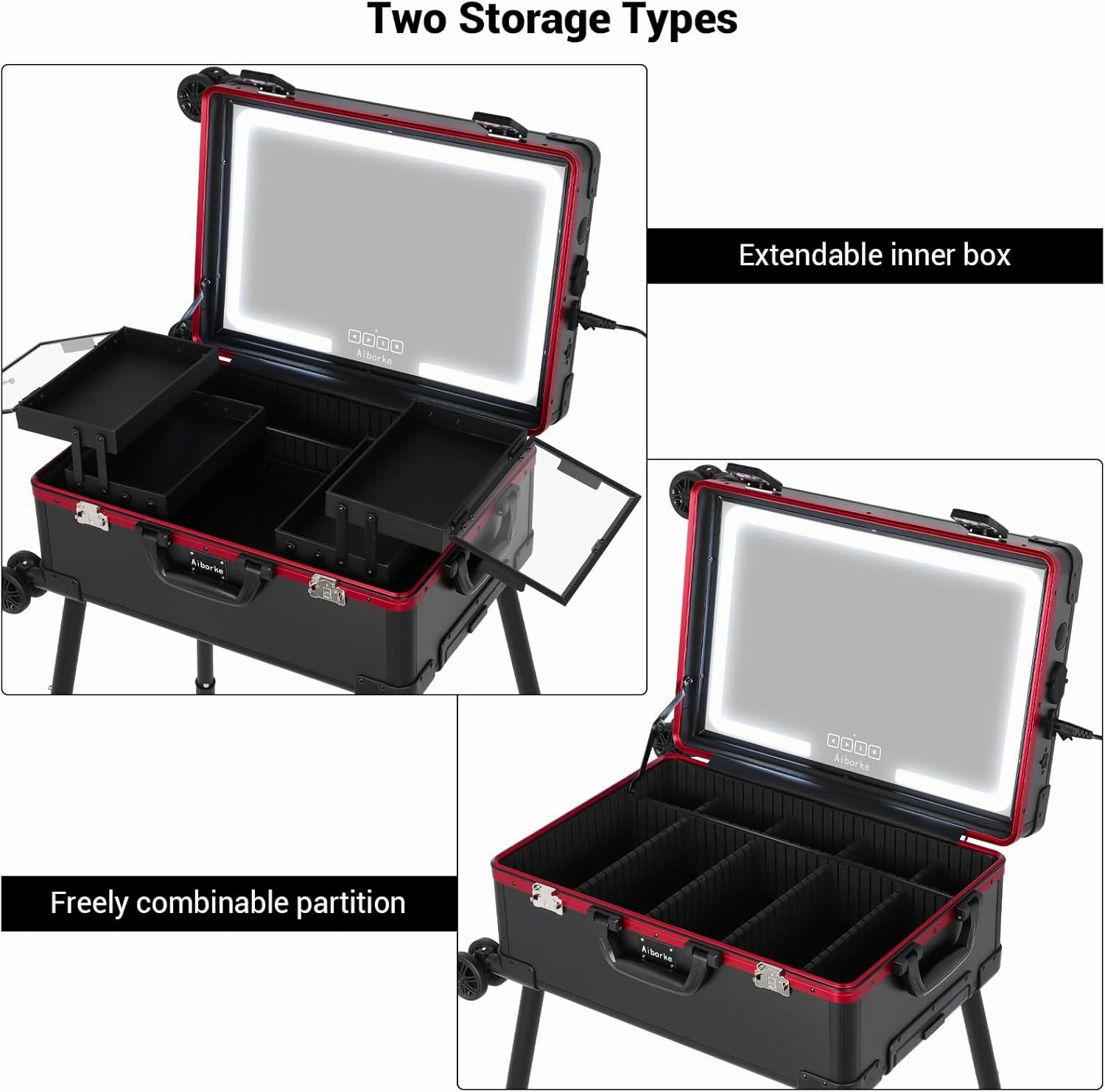 Rolling Makeup Train Case with Lighted Mirror and Bluetooth Speaker Professional Cosmetic Organizer Case with Wheels, Stands Portable Makup Station Vanity for Travel (Black red, Small)