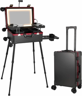 Rolling Makeup Train Case with Lighted Mirror and Bluetooth Speaker Professional Cosmetic Organizer Case with Wheels, Stands Portable Makup Station Vanity for Travel (Black red, Small)