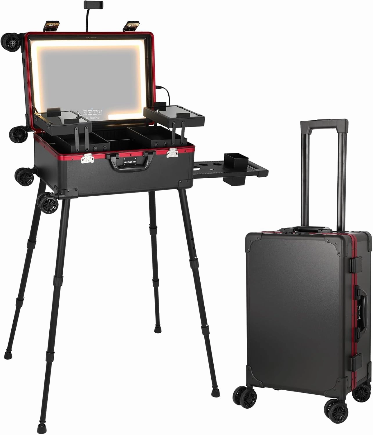 Rolling Makeup Train Case with Lighted Mirror and Bluetooth Speaker Professional Cosmetic Organizer Case with Wheels, Stands Portable Makup Station Vanity for Travel (Black red, Small)