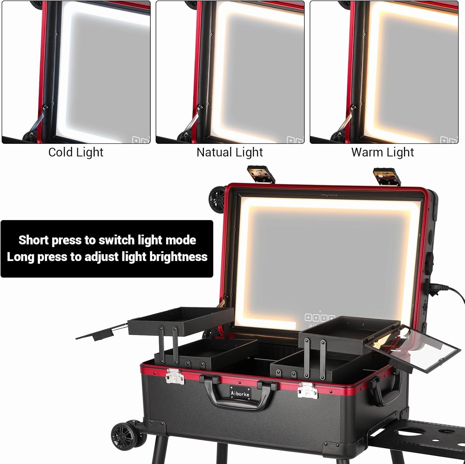 Rolling Makeup Train Case with Lighted Mirror and Bluetooth Speaker Professional Cosmetic Organizer Case with Wheels, Stands Portable Makup Station Vanity for Travel (Black red, Small)