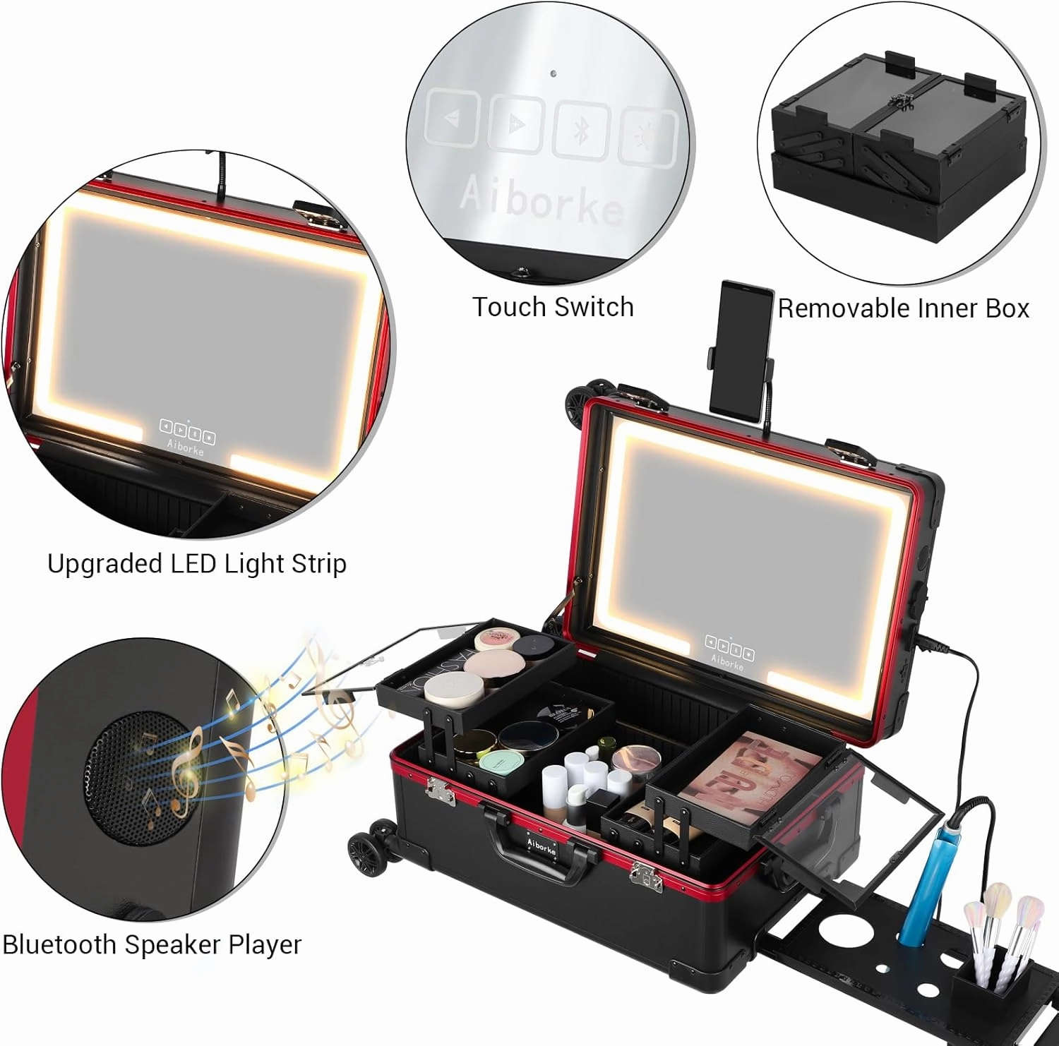 Rolling Makeup Train Case with Lighted Mirror and Bluetooth Speaker Professional Cosmetic Organizer Case with Wheels, Stands Portable Makup Station Vanity for Travel (Black red, Small)