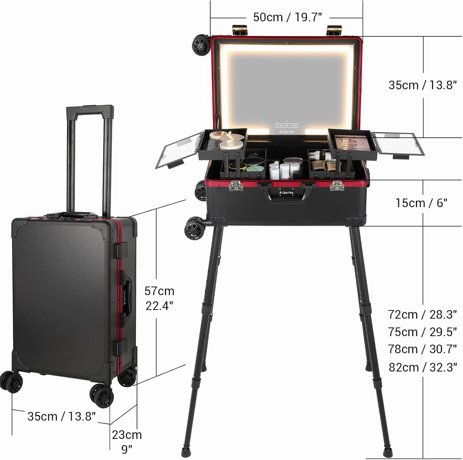 Rolling Makeup Train Case with Lighted Mirror and Bluetooth Speaker Professional Cosmetic Organizer Case with Wheels, Stands Portable Makup Station Vanity for Travel (Black red, Small)