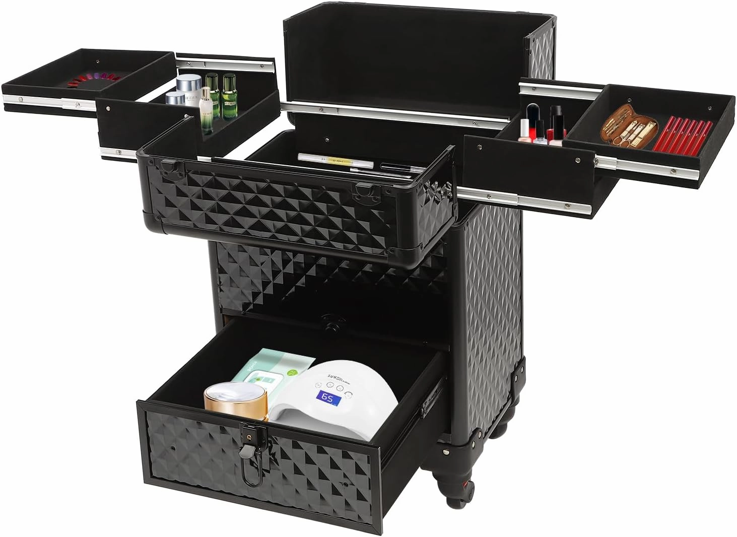 Rolling Makeup Trolley Case, Makeup Train Case with Keys Swivel Wheels, Makeup Suitcase Organizer on Wheels for Nail Tech Hairstylists