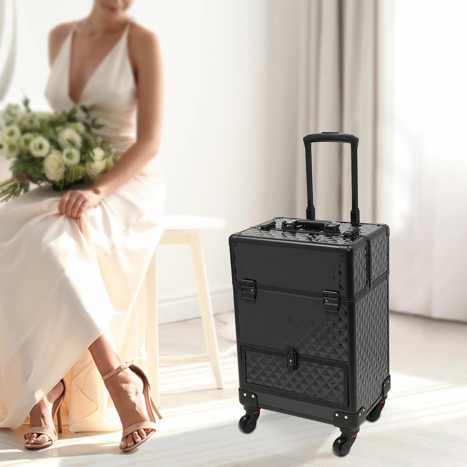 Rolling Makeup Trolley Case, Makeup Train Case with Keys Swivel Wheels, Makeup Suitcase Organizer on Wheels for Nail Tech Hairstylists