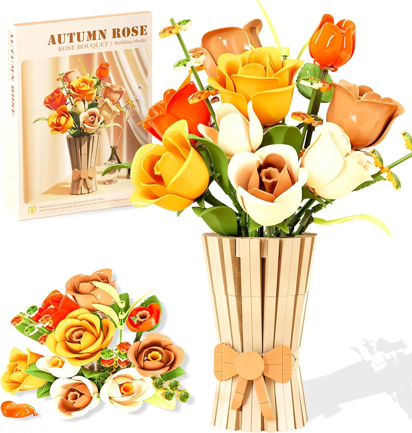 Roses Building Set Flowers Bouquet with Vase Botanical Collection for Adults -868pcs