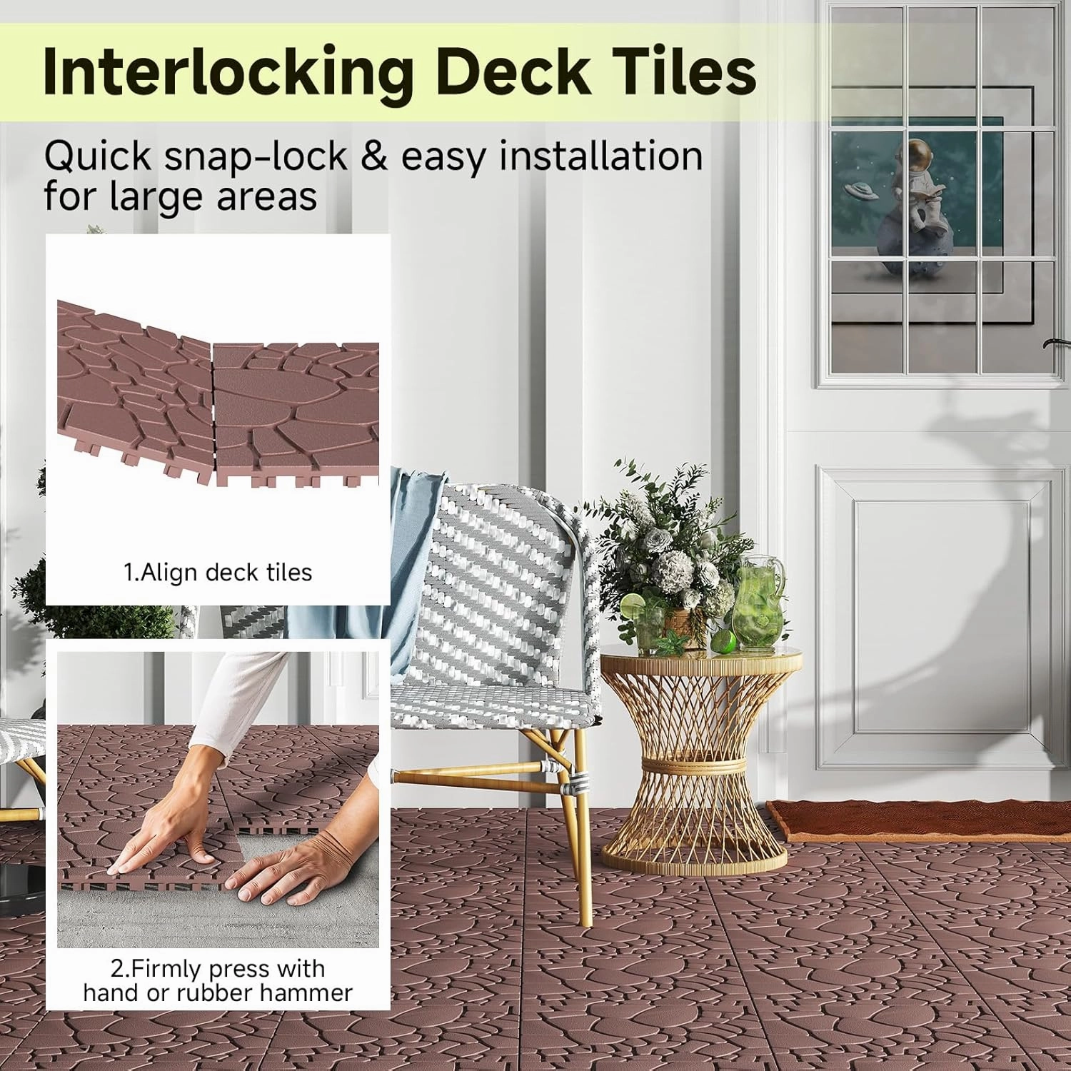 Rovibek 44 PCS Interlocking Deck Tiles, 12" X 12" Plastic Deck Tiles Outdoor Waterproof, All Weather Patio Tiles for Balcony Backyard Poolside Porch, Pavers for Outside Walkway, Pebble Brown