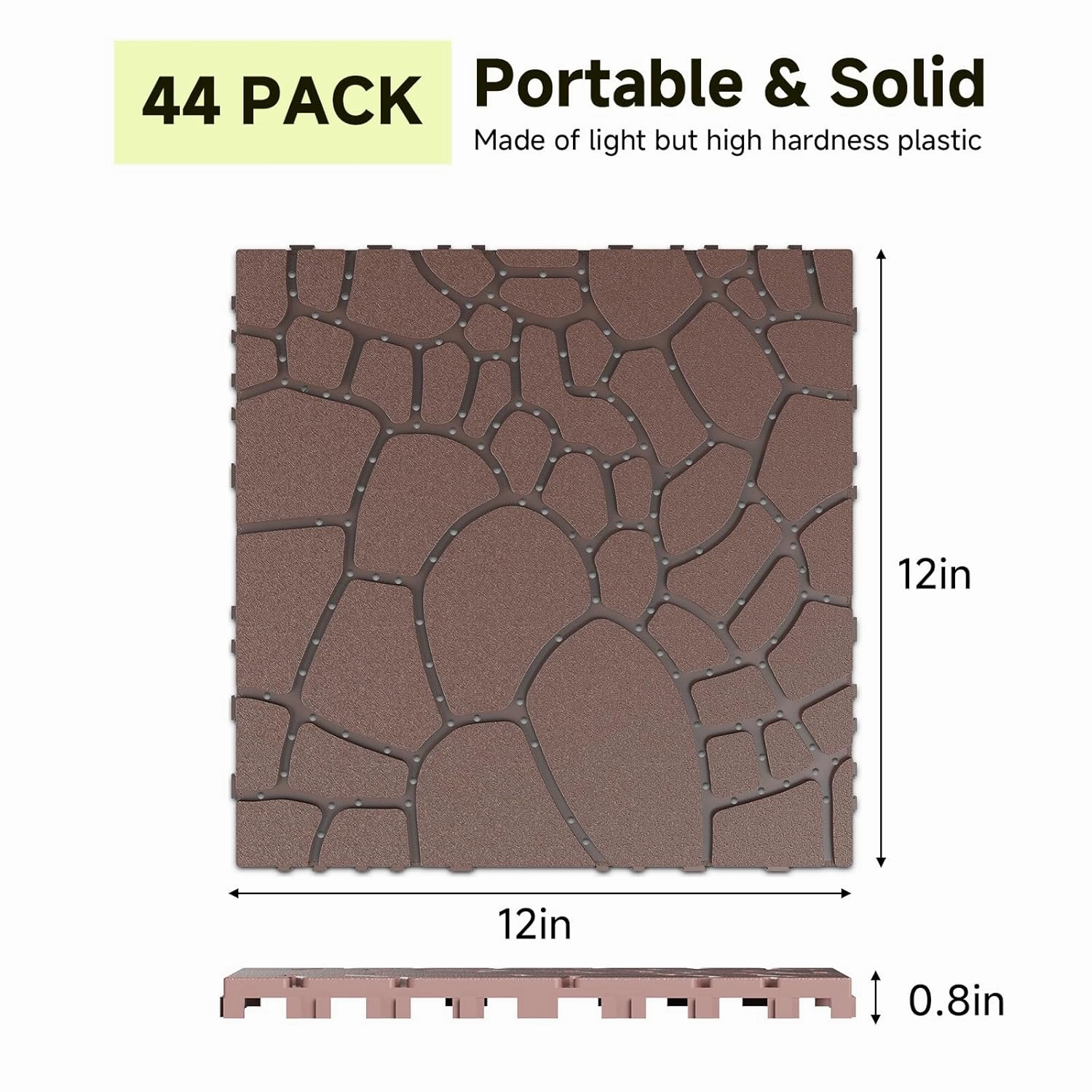 Rovibek 44 PCS Interlocking Deck Tiles, 12" X 12" Plastic Deck Tiles Outdoor Waterproof, All Weather Patio Tiles for Balcony Backyard Poolside Porch, Pavers for Outside Walkway, Pebble Brown