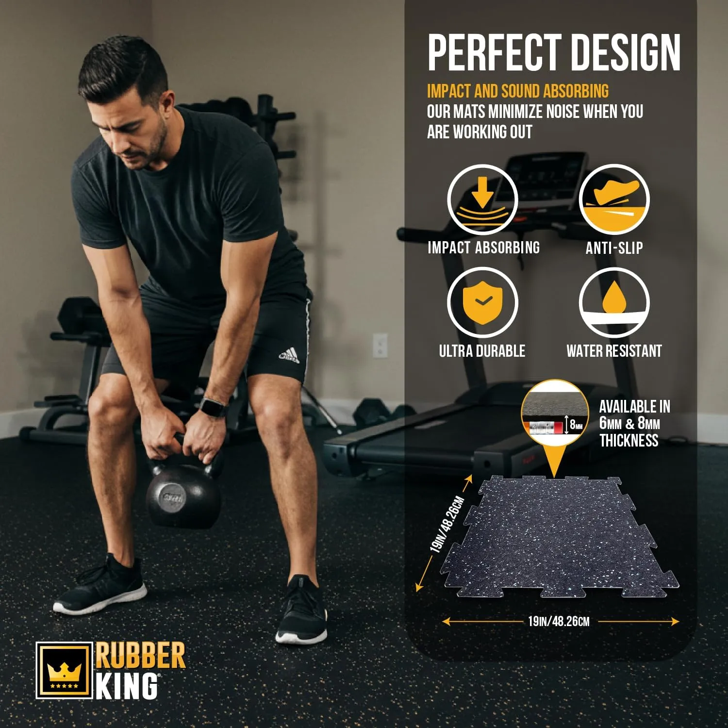 Rubber King 10 Piece Interlocking Tiles 19" x 19" x 6mm - 100% Recycled Rubber Gym Floor Tiles, Exercise Mat for Home Gym, Anti-Slip Low-Odor Interlocking Puzzle Floor Tiles - 23.5sq ft