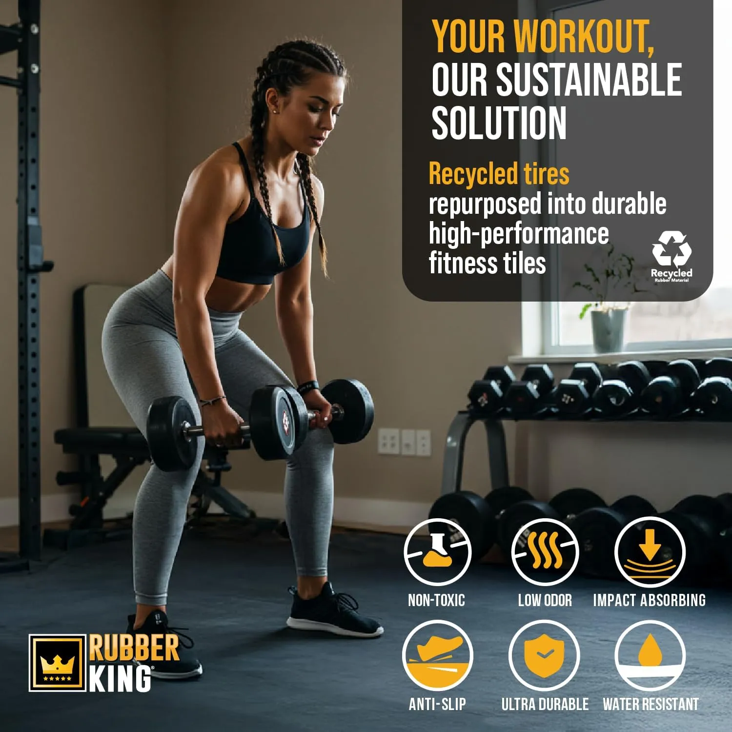 Rubber King 10 Piece Interlocking Tiles 19" x 19" x 6mm - 100% Recycled Rubber Gym Floor Tiles, Exercise Mat for Home Gym, Anti-Slip Low-Odor Interlocking Puzzle Floor Tiles - 23.5sq ft