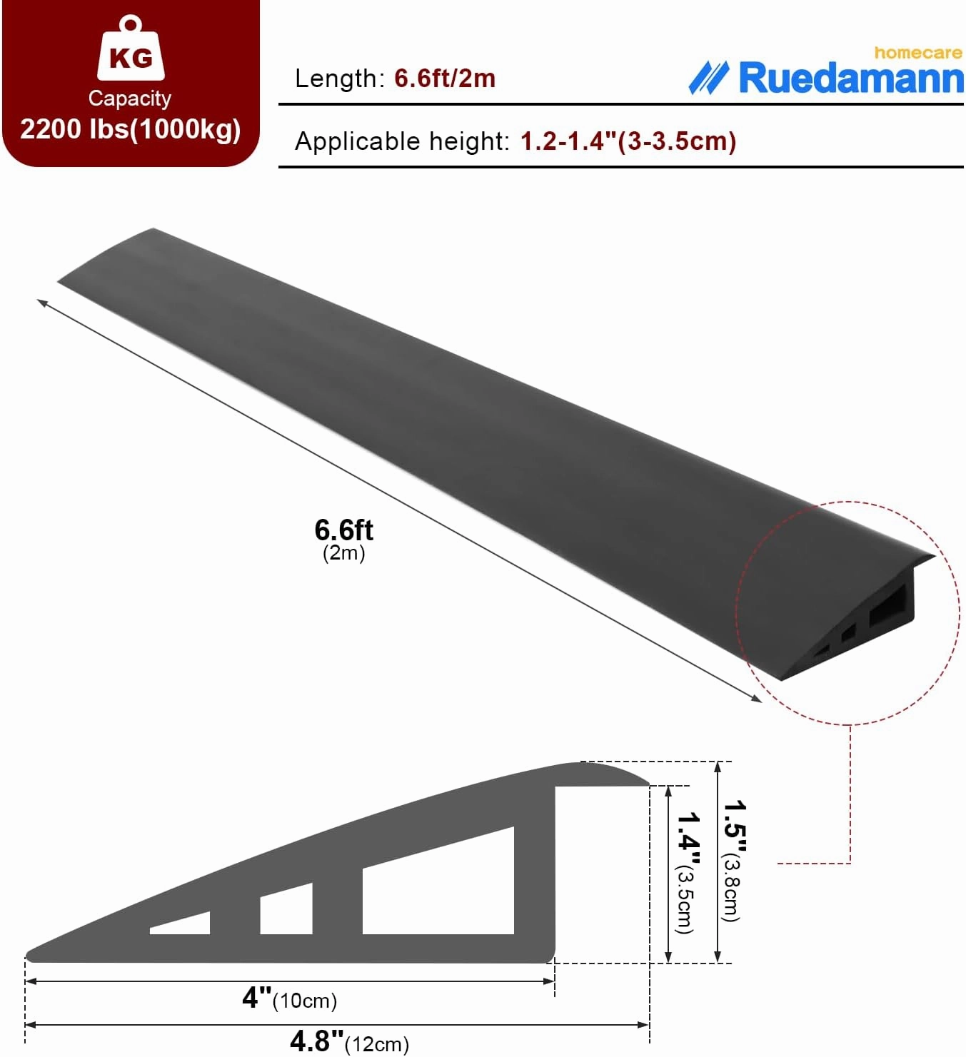 Ruedamann 6.6 Ft Threshold Transition Strip, 1 1/5"~1 2/5" Rise Rubber Threshold Ramp, Overlap Edge Reducer, Doorway Edge Trim and Mats for Laminate Doorway, Carpet, Floor, Tile