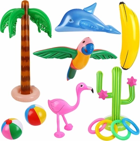 Ruisita Hawaiian Party Inflatable Toy Set Cactus with 8 Loops Palm Tree Flamingo Wingless Parrot 2 Pieces Beach Ball Dolphin Banana for Swimming Pool Beach Luau Fiesta Party Decor