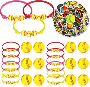 RUMIA 74PCS Softball Party Favors Gifts Softball Charm Bracelets Stress Ball Softball Stickers Decorations Softball Adjustable Wristbands Set Supplies for Team Women Sports Birthday Mardi Gras Gifts