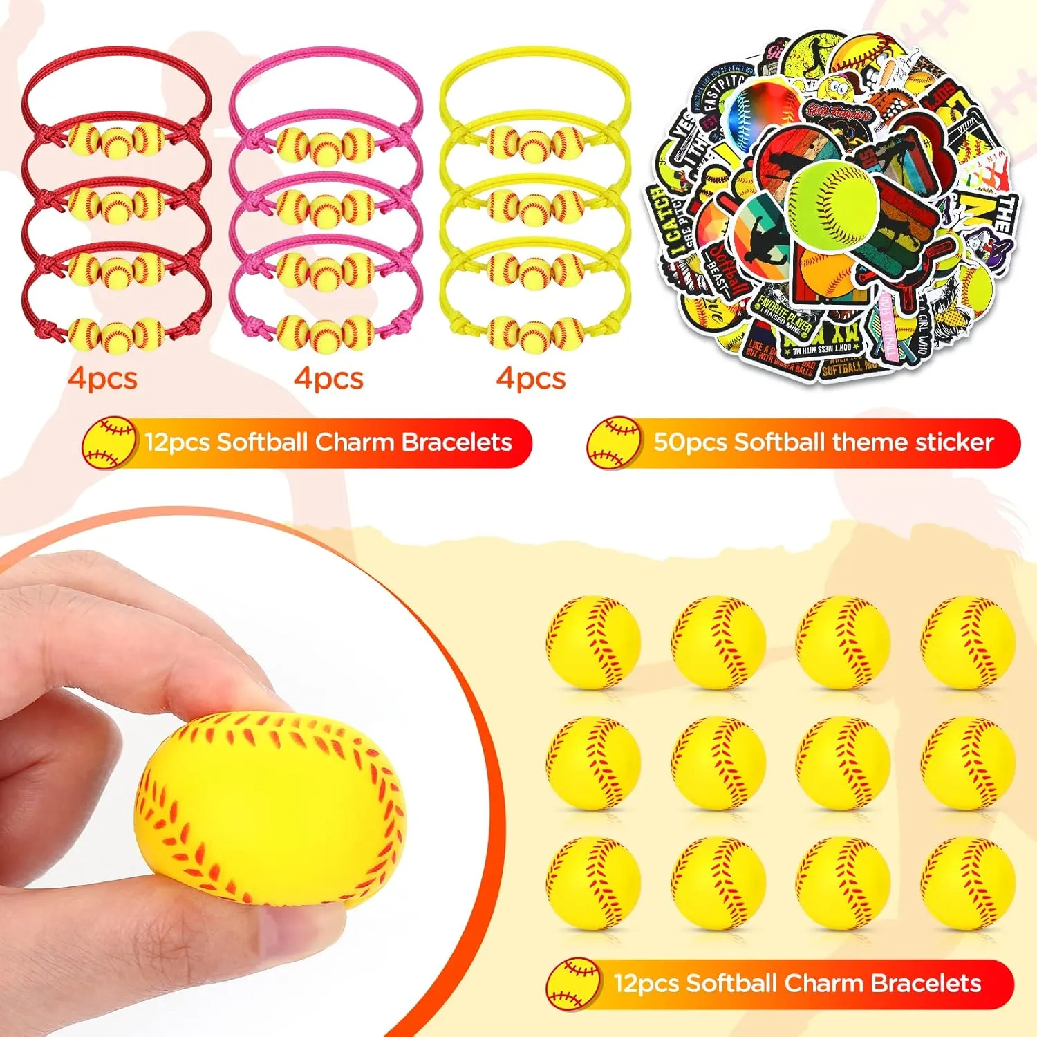 RUMIA 74PCS Softball Party Favors Gifts Softball Charm Bracelets Stress Ball Softball Stickers Decorations Softball Adjustable Wristbands Set Supplies for Team Women Sports Birthday Mardi Gras Gifts
