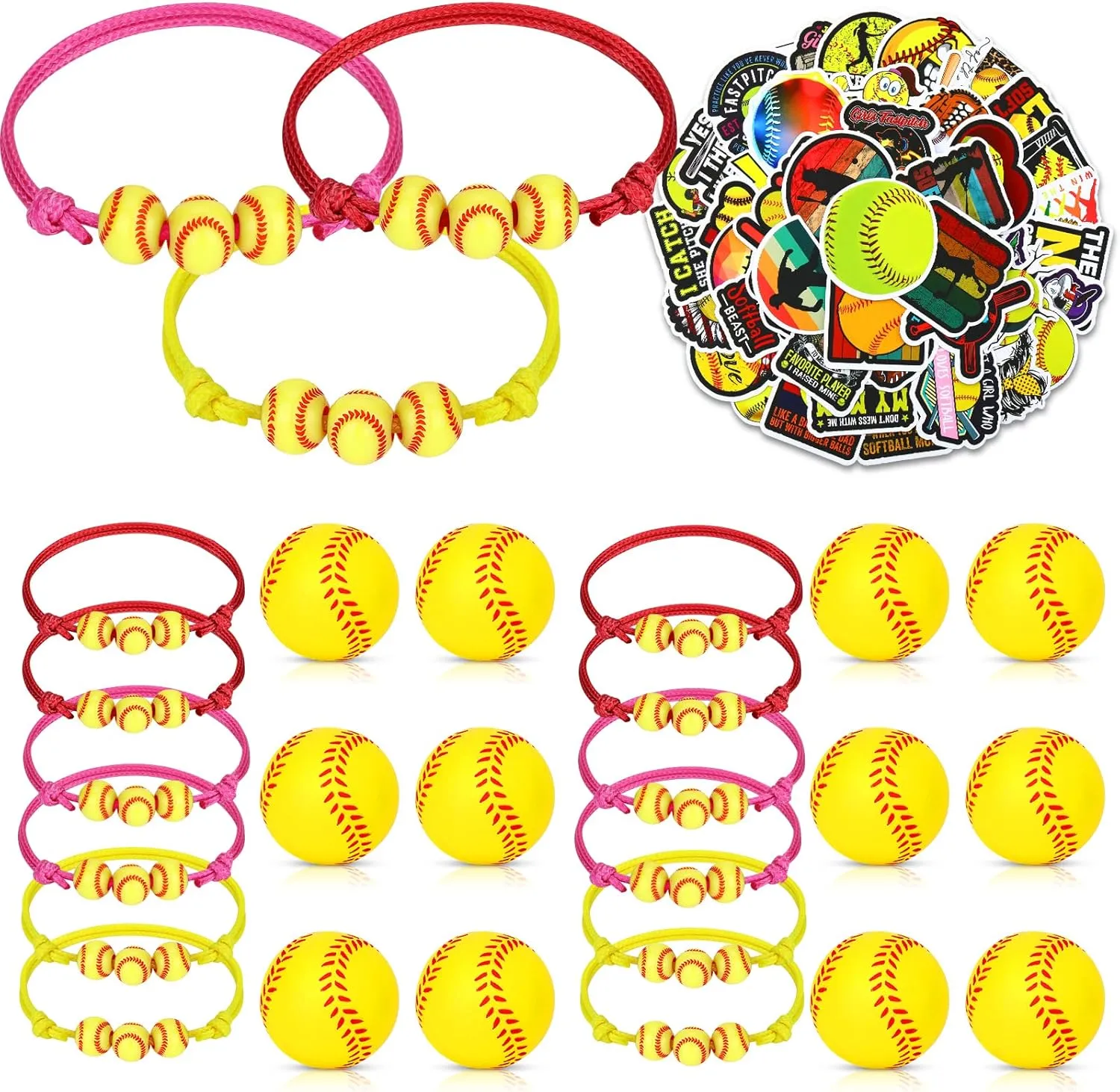 RUMIA 74PCS Softball Party Favors Gifts Softball Charm Bracelets Stress Ball Softball Stickers Decorations Softball Adjustable Wristbands Set Supplies for Team Women Sports Birthday Mardi Gras Gifts