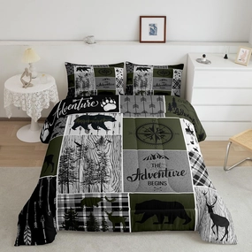 Rustic Farmhouse Comforter Set Queen, Hunting Bear Deer Bedding Cabin Lodge Decor, Vintage Wooden Board Retro Quilt Buffalo Plaid Western Country Bedding Comforter Sets For Kids Teens, Grey Black