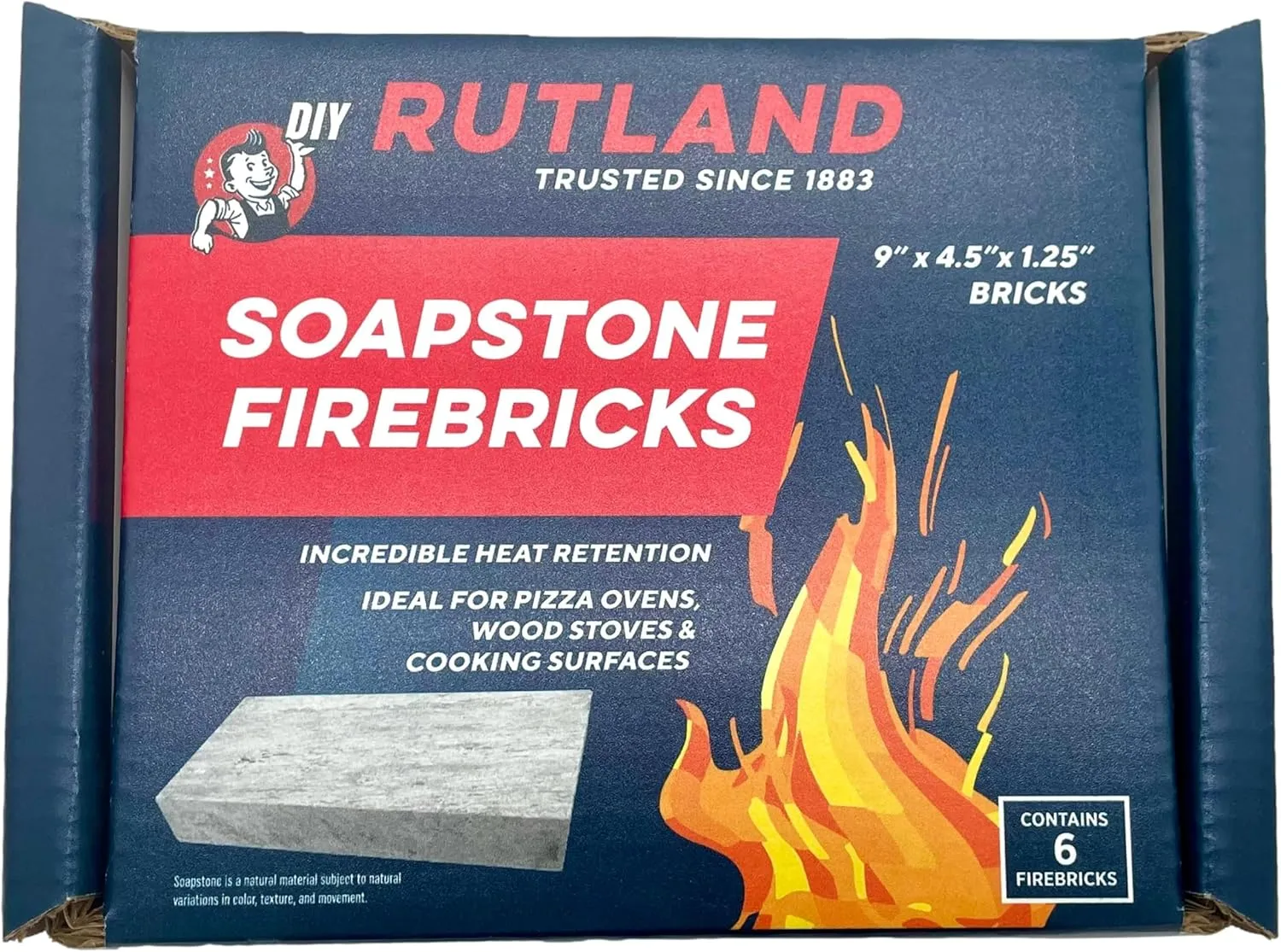 Rutland Soapstone Fire Bricks, Premium Firebricks for Wood-Burning Fireplaces & Woodstoves, Blue-Gray, 2,700  F, Case of 6