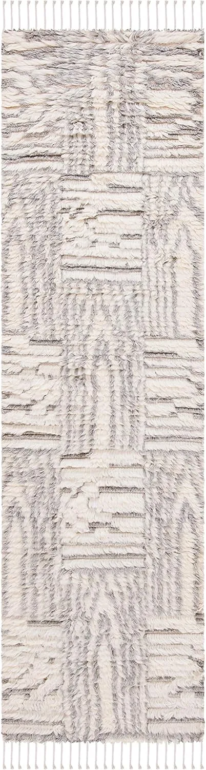 SAFAVIEH Manhattan Collection Runner Rug - 2'3" x 8', Ivory & Grey, Hand-Knotted Modern Tassel Wool & Viscose, Ideal for High Traffic Areas in Living Room, Bedroom (MAN464F)