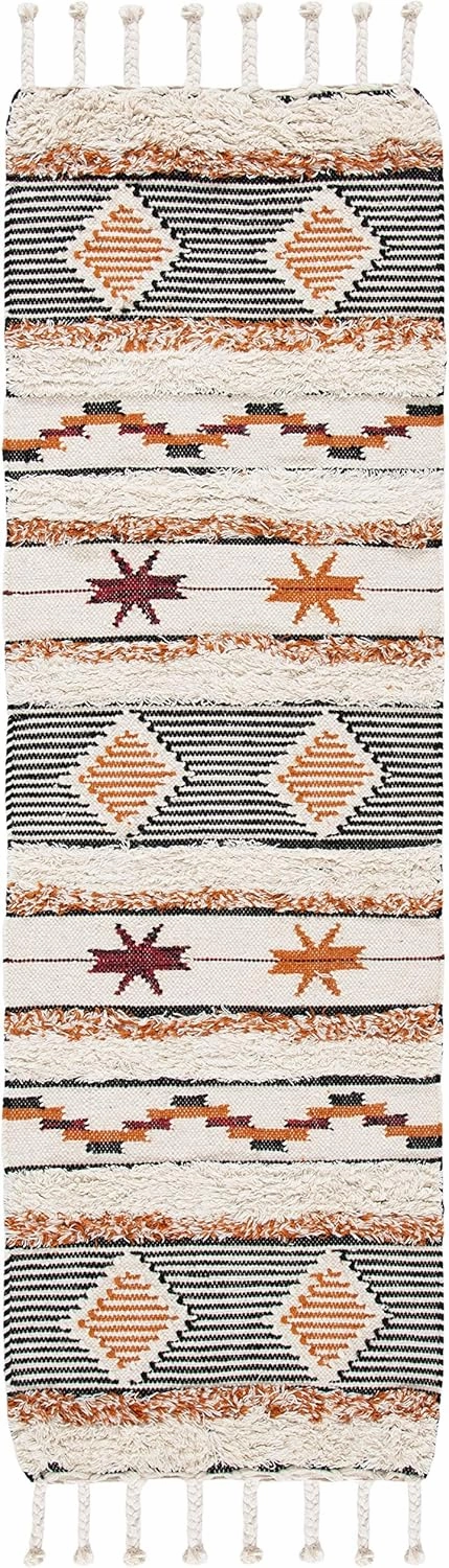 SAFAVIEH Kenya Collection Runner Rug - 2'3" x 6', Ivory & Black-Orange, Hand-Knotted Moroccan Tribal Tassel Wool, Ideal for High Traffic Areas in Living Room, Bedroom (KNY904A)