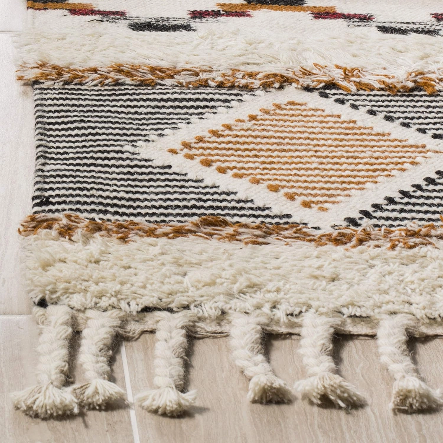 SAFAVIEH Kenya Collection Runner Rug - 2'3" x 6', Ivory & Black-Orange, Hand-Knotted Moroccan Tribal Tassel Wool, Ideal for High Traffic Areas in Living Room, Bedroom (KNY904A)