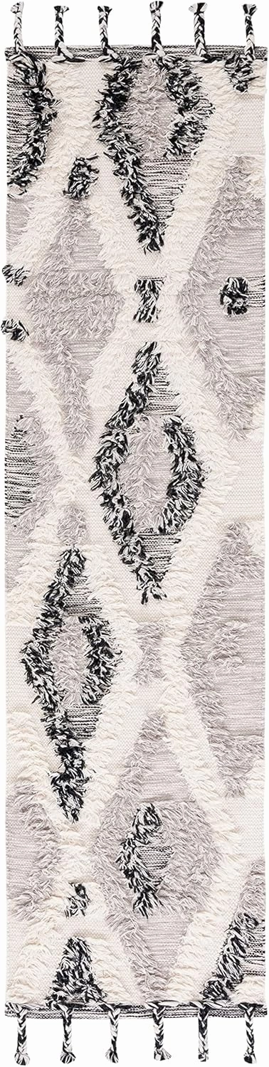 SAFAVIEH Kenya Collection Runner Rug - 2'3" x 8', Grey & Black, Handmade Moroccan Boho Tribal Tassel Wool, Ideal for High Traffic Areas in Living Room, Bedroom (KNY960F)