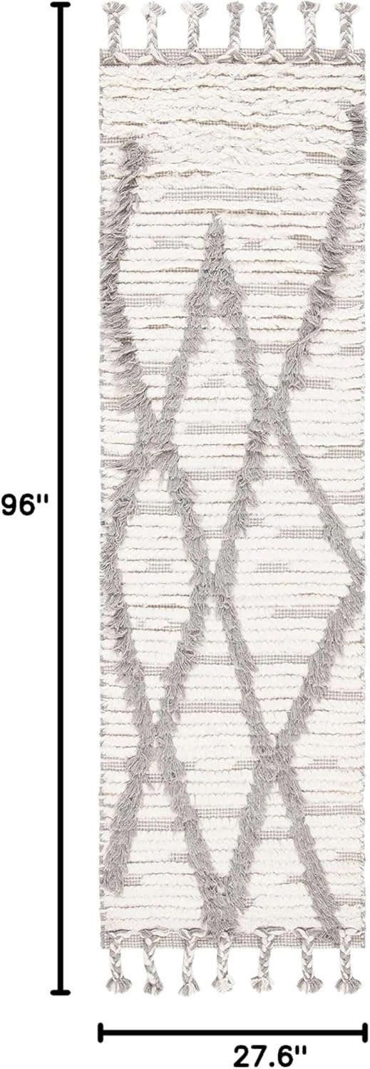 SAFAVIEH Kenya Collection Runner Rug - 2'3" x 8', Ivory & Grey, Handmade Moroccan Boho Tribal Tassel Wool, Ideal for High Traffic Areas in Living Room, Bedroom (KNY954A)