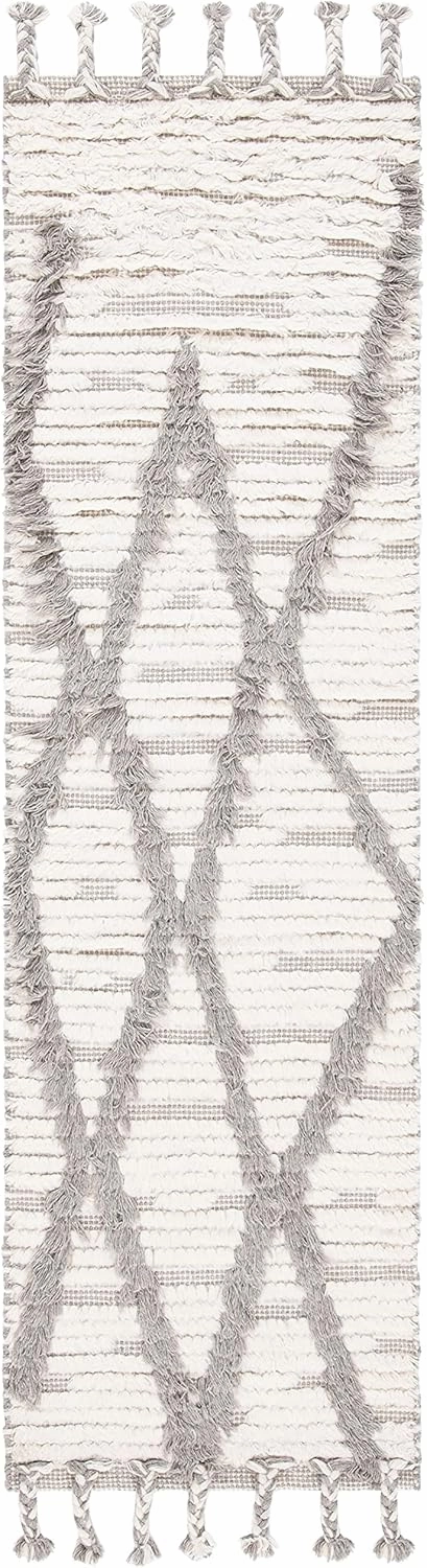 SAFAVIEH Kenya Collection Runner Rug - 2'3" x 8', Ivory & Grey, Handmade Moroccan Boho Tribal Tassel Wool, Ideal for High Traffic Areas in Living Room, Bedroom (KNY954A)