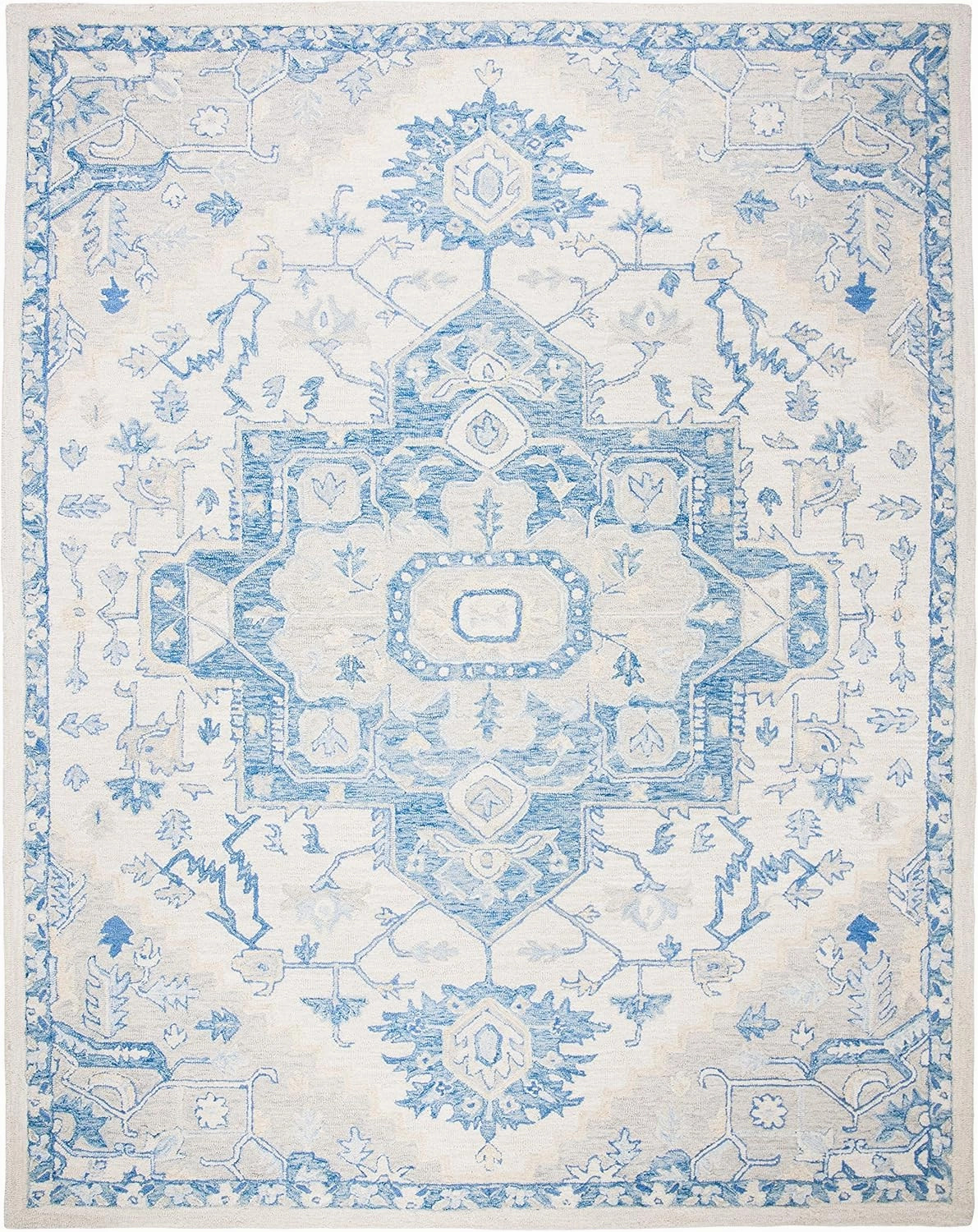 SAFAVIEH Micro-Loop Collection Area Rug - 8' x 10', Ivory & Blue, Handmade Shabby Chic Medallion Wool, Ideal for High Traffic Areas in Living Room, Bedroom (MLP503G)