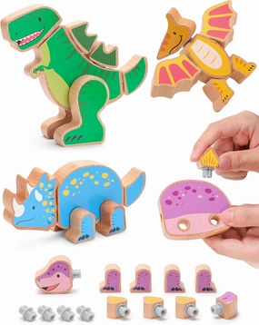 SainSmart Jr. Wooden Snap Together Building Blocks, 4 Pcs Dinosaur Take Apart Toys, Montessori Toys for Toddler Developmental Learning - Ideal Gift for Boys and Girls