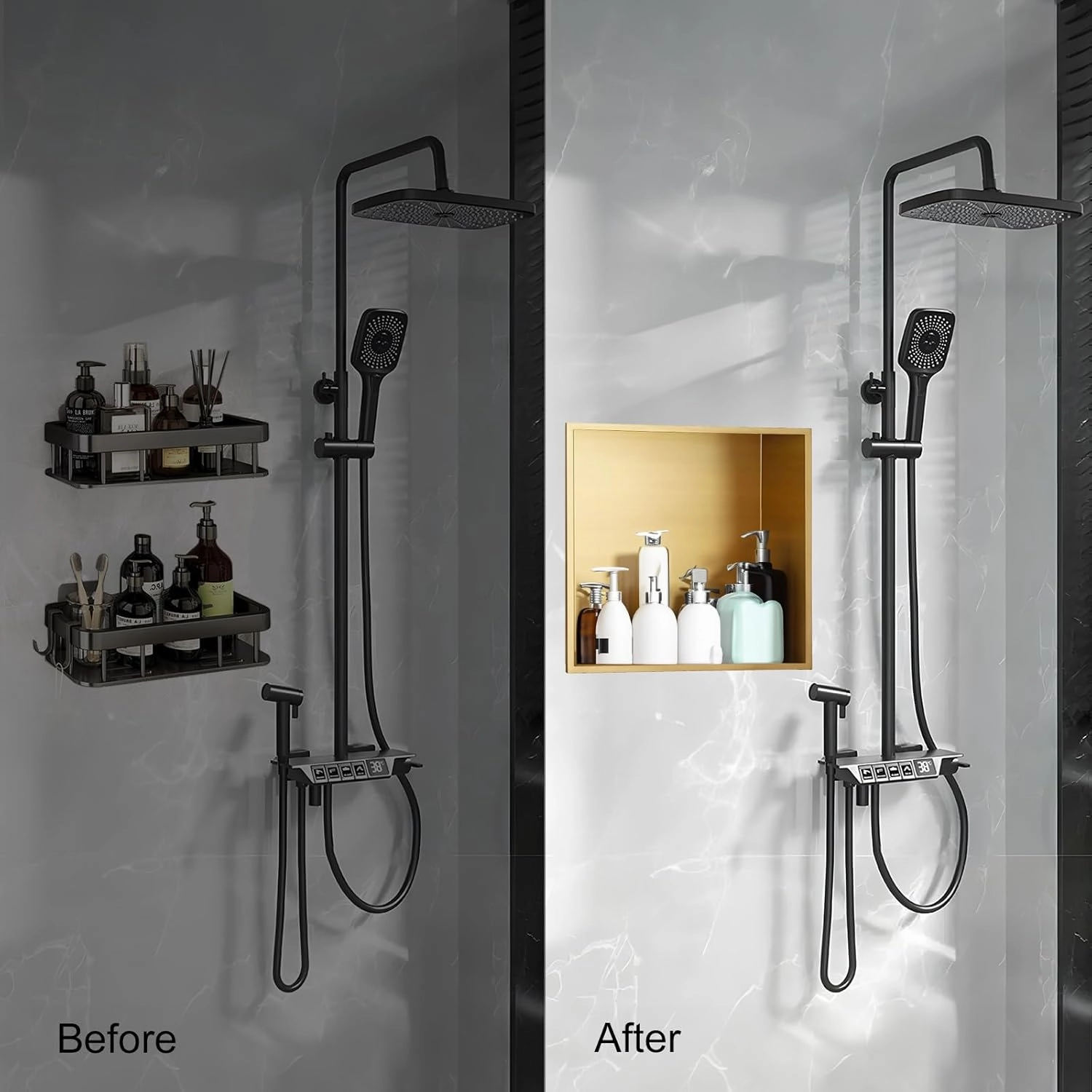 SaniteModar Shower Niche 12" X 12", Brushed Gold Stainless Steel Niche for Shower Wall, No Tile Needed