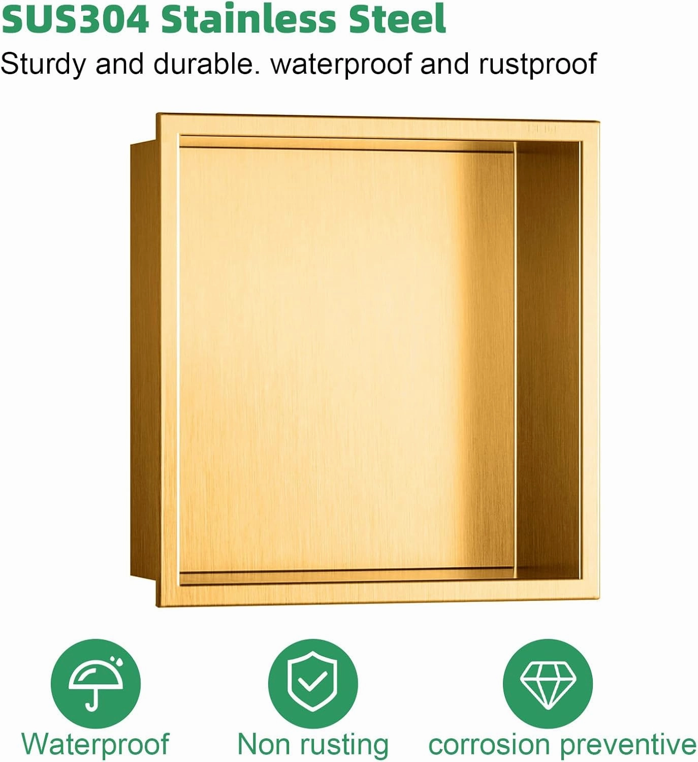 SaniteModar Shower Niche 12" X 12", Brushed Gold Stainless Steel Niche for Shower Wall, No Tile Needed