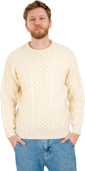 SAOL 100% Merino Wool Men's Irish Traditional Aran Crew Neck Cable Knit Sweater Pullover (US, Alpha, Small, Regular, Regular, Natural)