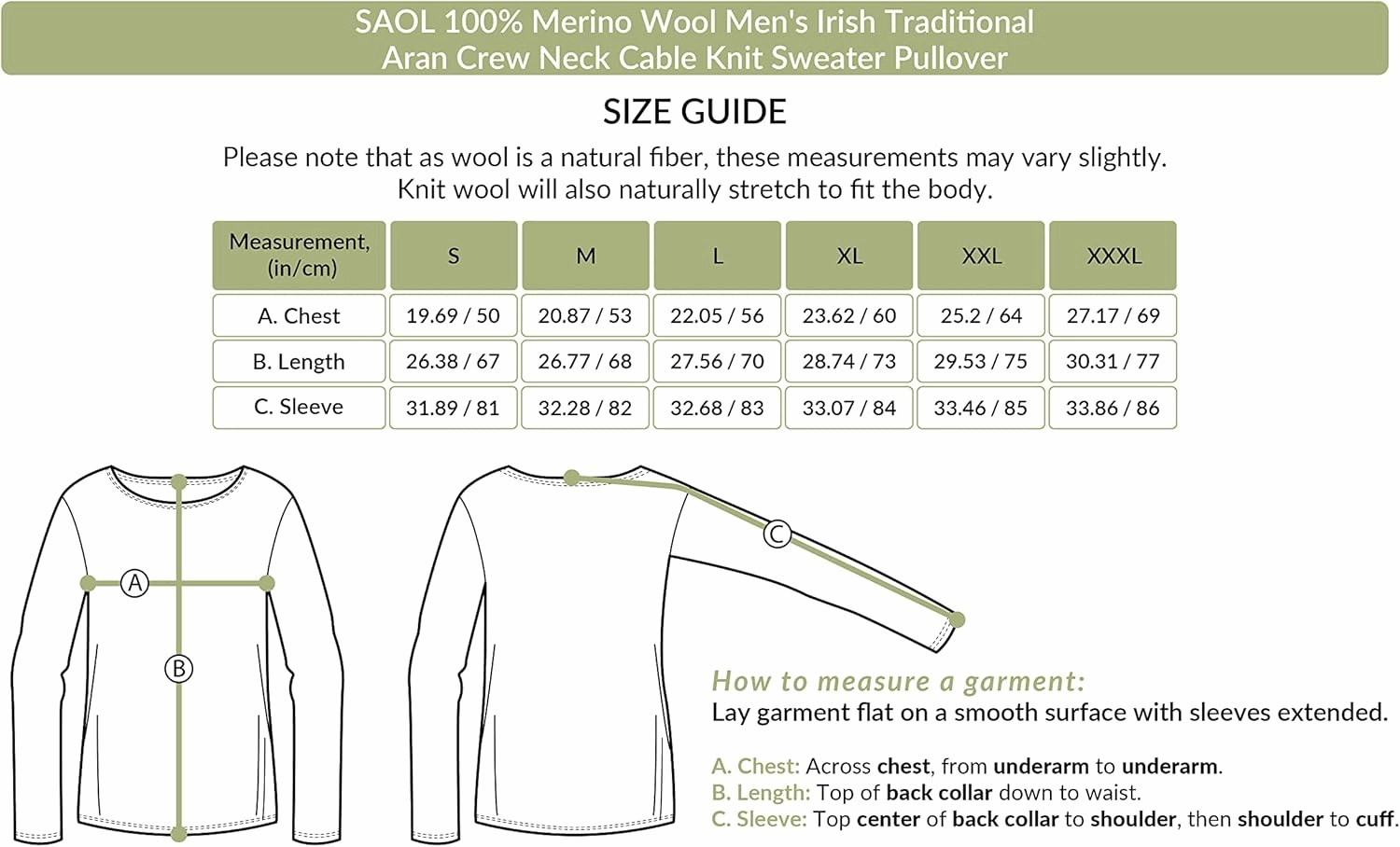 SAOL 100% Merino Wool Men's Irish Traditional Aran Crew Neck Cable Knit Sweater Pullover