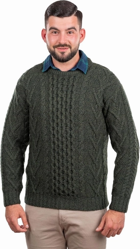 SAOL 100% Merino Wool Men's Irish Traditional Aran Crew Neck Cable Knit Sweater Pullover (US, Alpha, X-Large, Regular, Regular, Army Green)