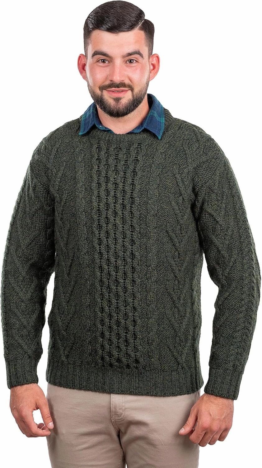 SAOL 100% Merino Wool Men's Irish Traditional Aran Crew Neck Cable Knit Sweater Pullover (US, Alpha, X-Large, Regular, Regular, Army Green)