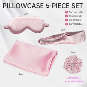 Satin 5-Piece Pillow Cover Sleep Mask Set Silky Pillowcase Eye Mask Scrunchies Set Pillowslip Blindfold with Headband Eye Patch Gift Set for Men Women (Pink)