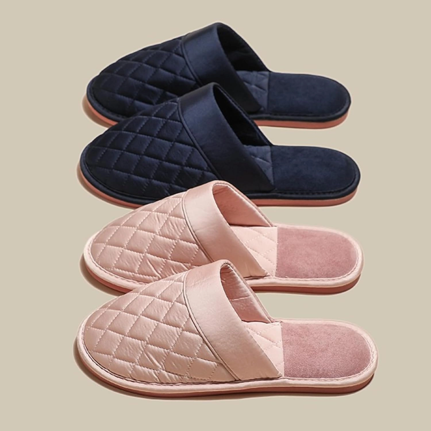 Satin Couple Home Slippers for Spring & Autumn, Indoor Closed-Toe Bedroom Slip-ons with Rhombic Pattern