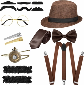 SATINIOR 1920s Old Men Costume Roaring Retro Accessories Set Gangster Hat Bow Tie Pocket Watch Suspender Glass Beard Tie Clip(Brown, Simple Style)