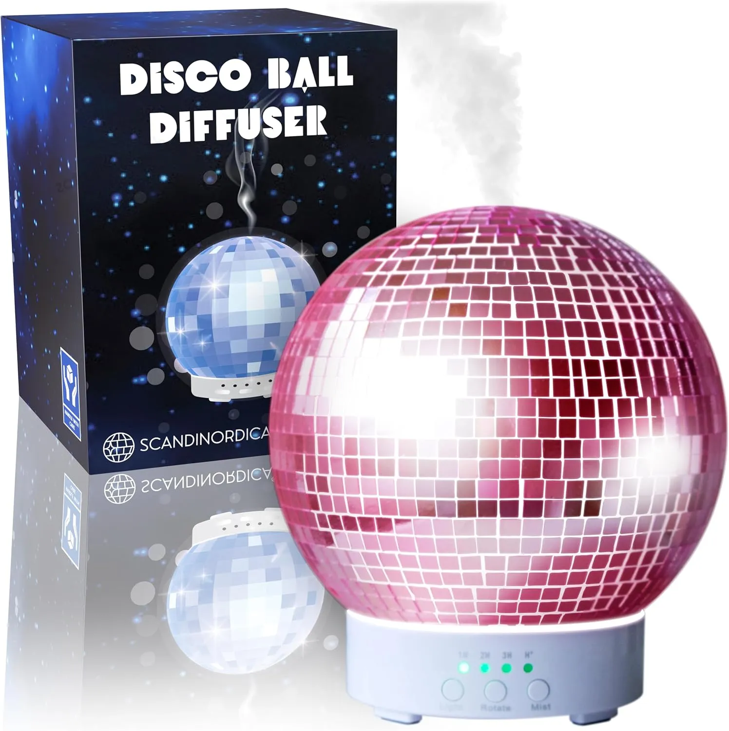 SCANDINORDICA Disco Ball Diffuser Rotating - 300 ML Essential Oil Diffuser with Whisper Quiet Operation, Night Lights, Cute Maximalist Disco Ball Decor | Aromatherapy Diffuser for Large Room Pink