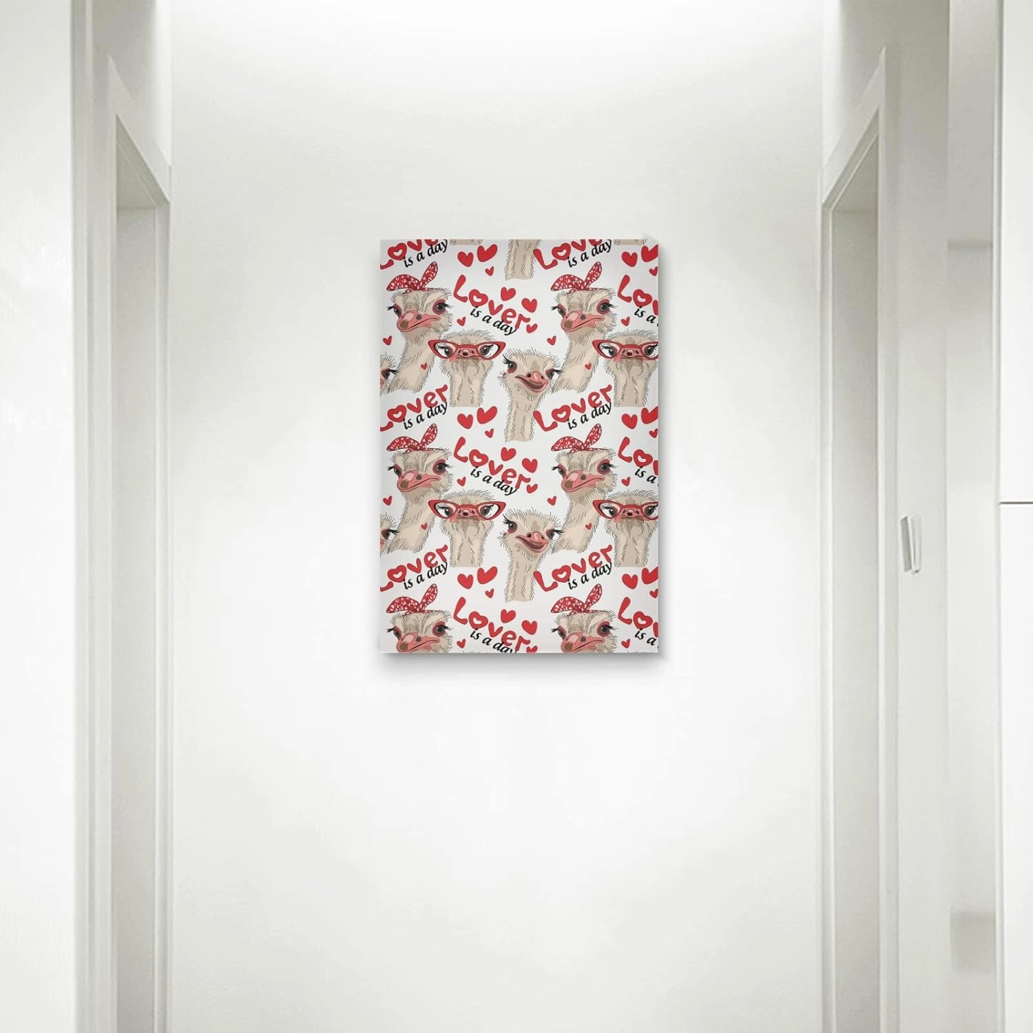 Seamless Ostriches with Red Glasses Hairpins Lover is a Day Framed Canvas Wall Art with Wooden Frame, Ready to Hang Wooden Frame Oil Painting, Artwork Poster Print Decor 15.8 x 23.7 inch