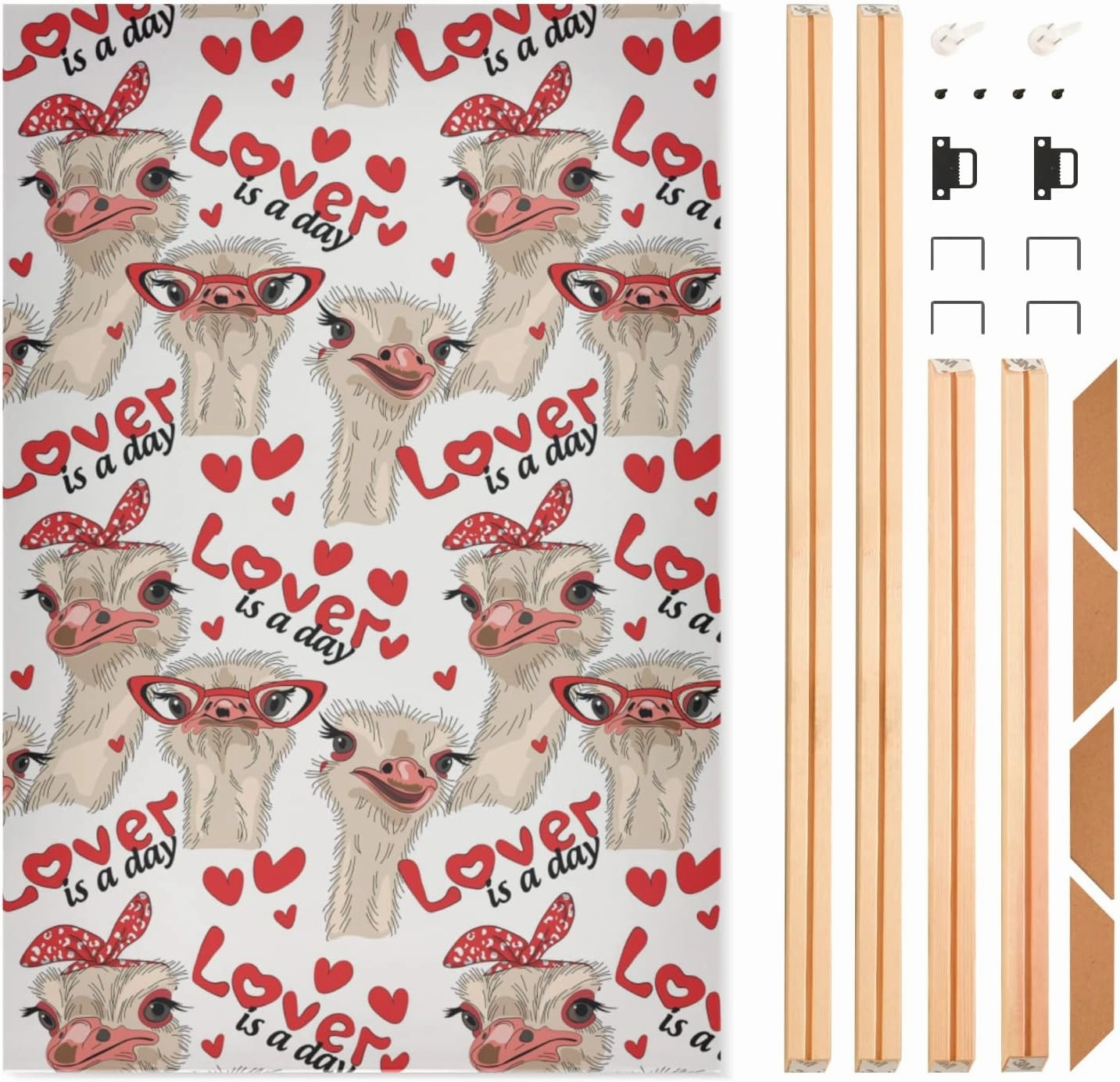 Seamless Ostriches with Red Glasses Hairpins Lover is a Day Framed Canvas Wall Art with Wooden Frame, Ready to Hang Wooden Frame Oil Painting, Artwork Poster Print Decor 15.8 x 23.7 inch