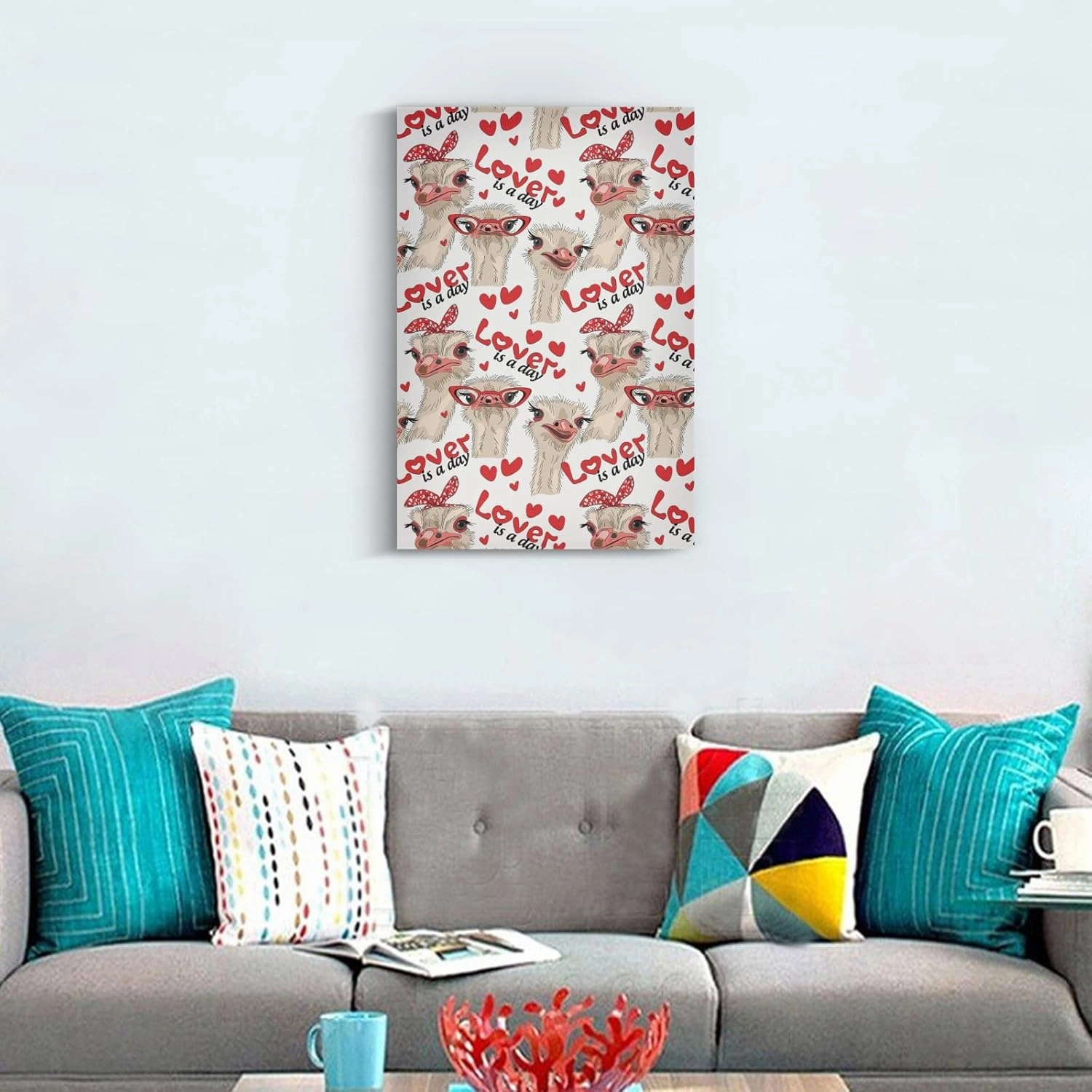 Seamless Ostriches with Red Glasses Hairpins Lover is a Day Framed Canvas Wall Art with Wooden Frame, Ready to Hang Wooden Frame Oil Painting, Artwork Poster Print Decor 15.8 x 23.7 inch