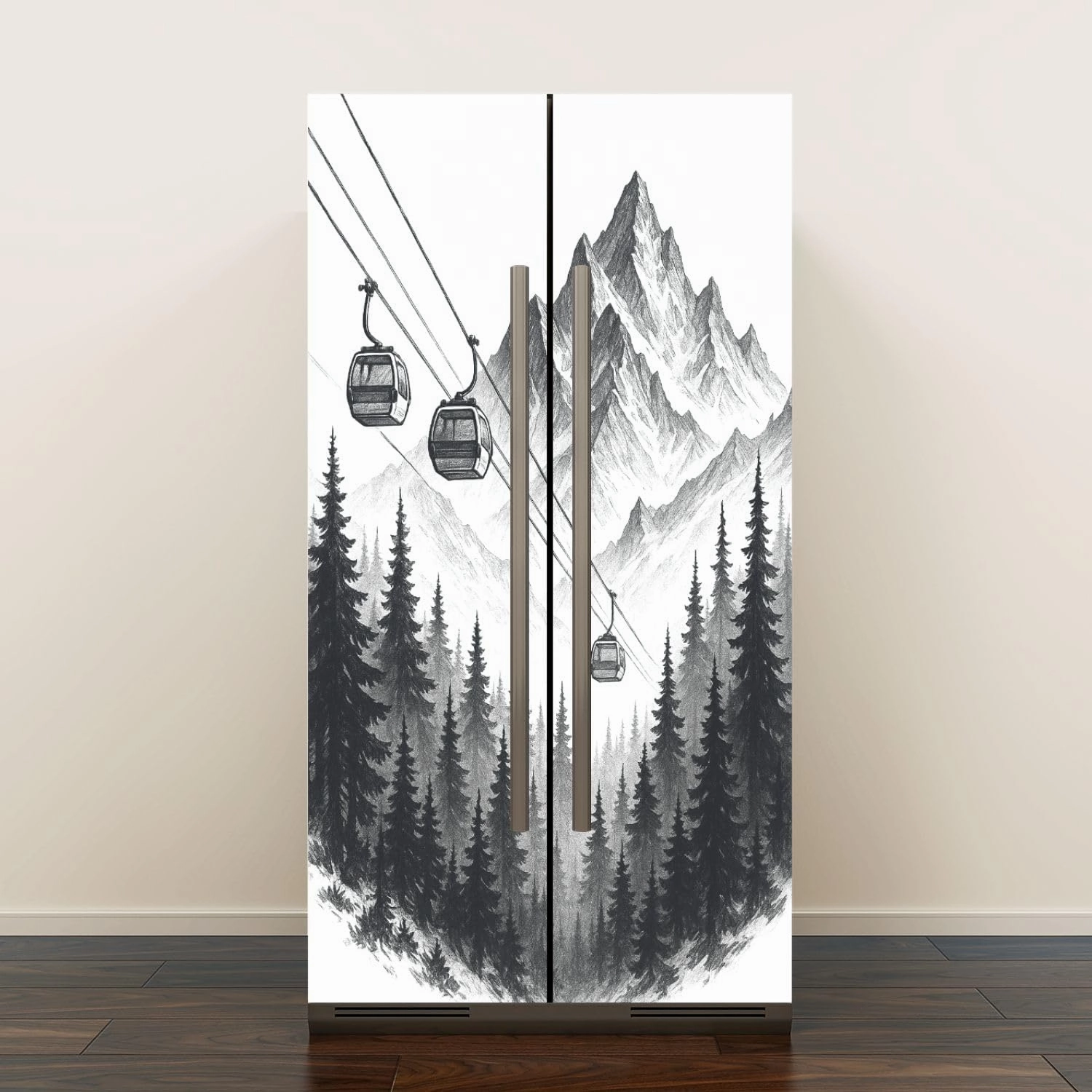 Self Adhesive Vinyl Refrigerator Wrap Set Mountain Ski Lift Sketch Pine Trees Peaks Forest Alpine Scenery Pen Door Mural Removable Fridge Sticker Peel and Stick Decal Rustic Kitchen Decor