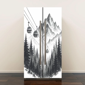 Self Adhesive Vinyl Refrigerator Wrap Set Mountain Ski Lift Sketch Pine Trees Peaks Forest Alpine Scenery Pen Door Mural Removable Fridge Sticker Peel and Stick Decal Rustic Kitchen Decor