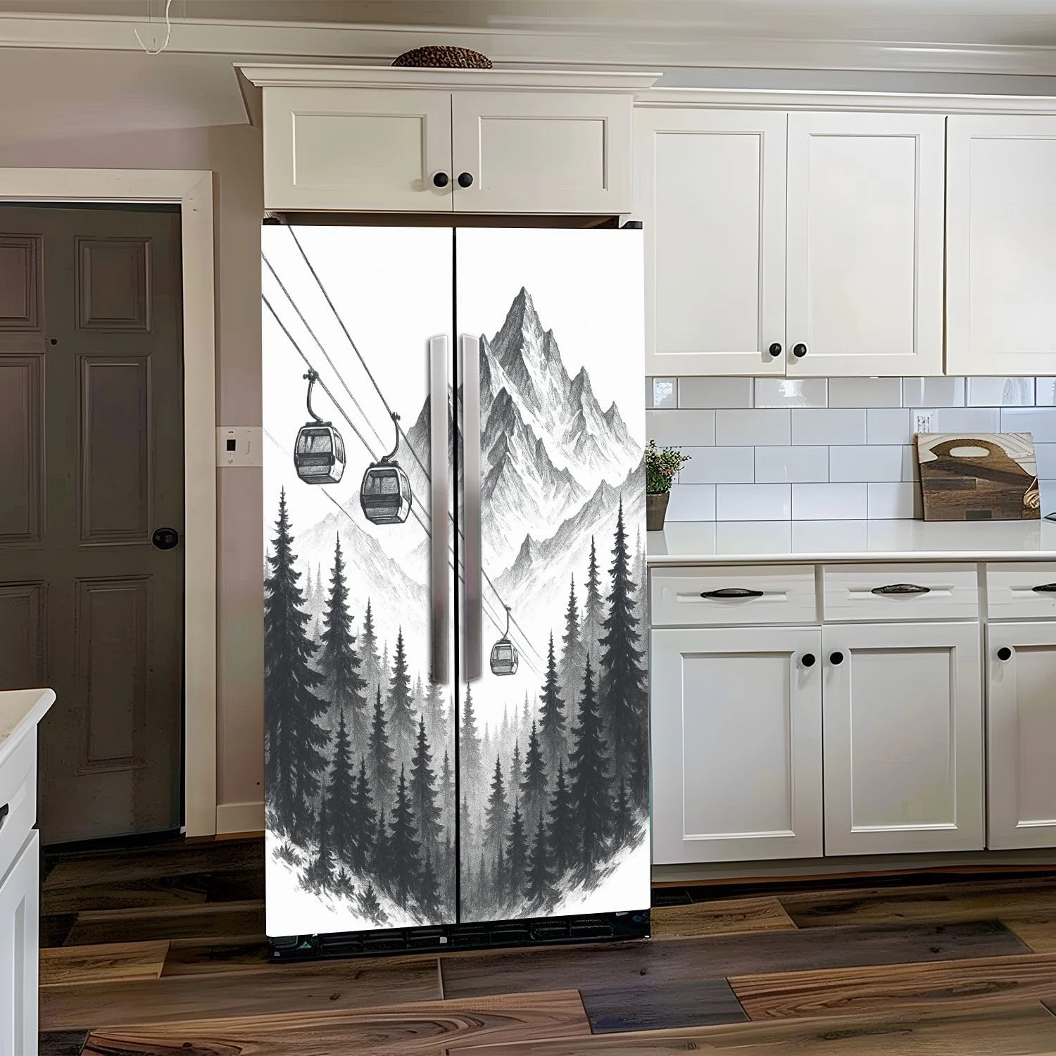 Self Adhesive Vinyl Refrigerator Wrap Set Mountain Ski Lift Sketch Pine Trees Peaks Forest Alpine Scenery Pen Door Mural Removable Fridge Sticker Peel and Stick Decal Rustic Kitchen Decor
