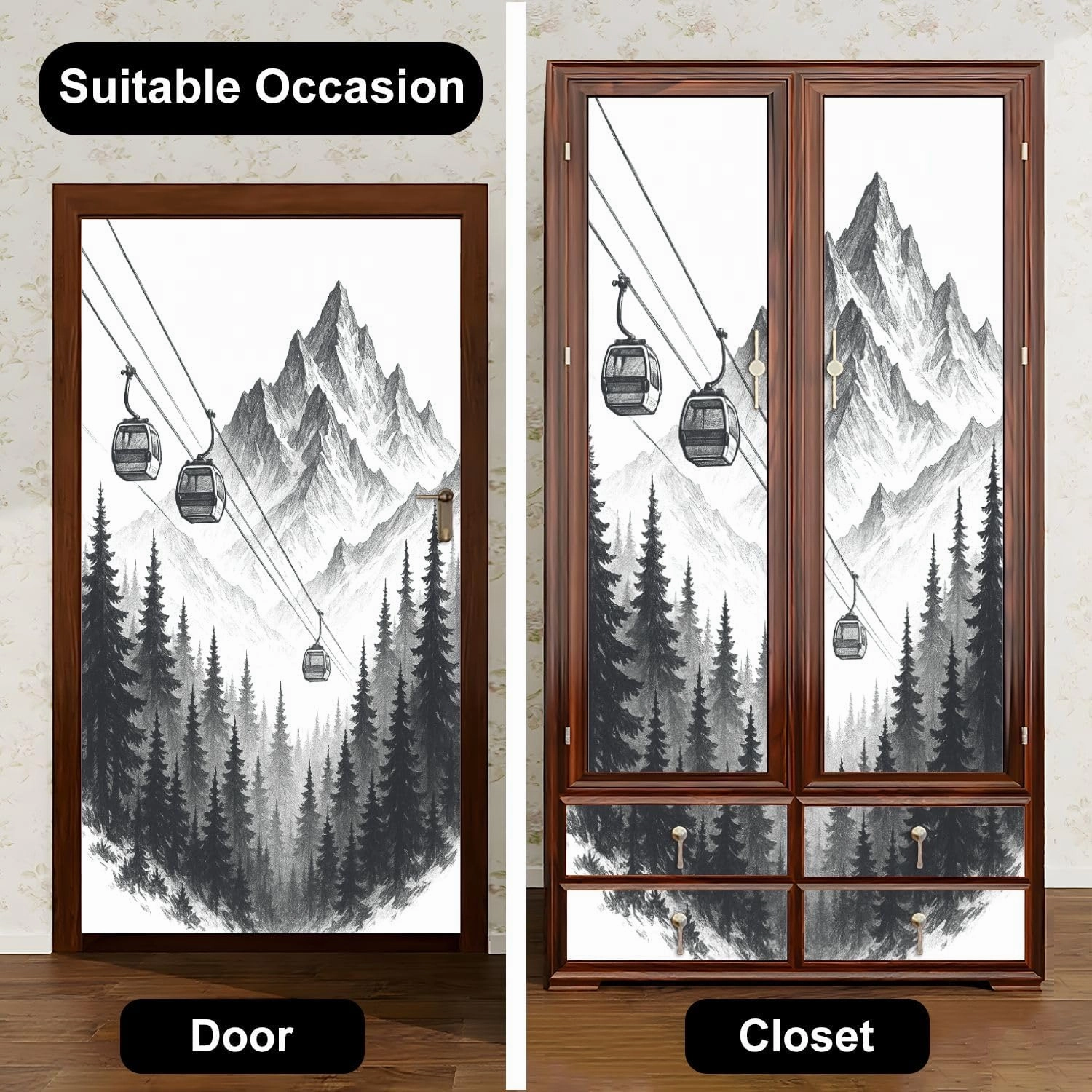 Self Adhesive Vinyl Refrigerator Wrap Set Mountain Ski Lift Sketch Pine Trees Peaks Forest Alpine Scenery Pen Door Mural Removable Fridge Sticker Peel and Stick Decal Rustic Kitchen Decor