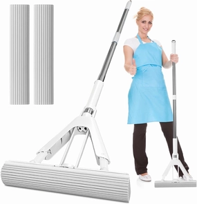 Self-Wringing PVA Sponge Mop, 11.02in Absorbent Roller Mop for Floor Cleaning, Includes 2 Reusable Heads, Quickie Butterflies Squeeze Mop for Wet & Dry Home Use